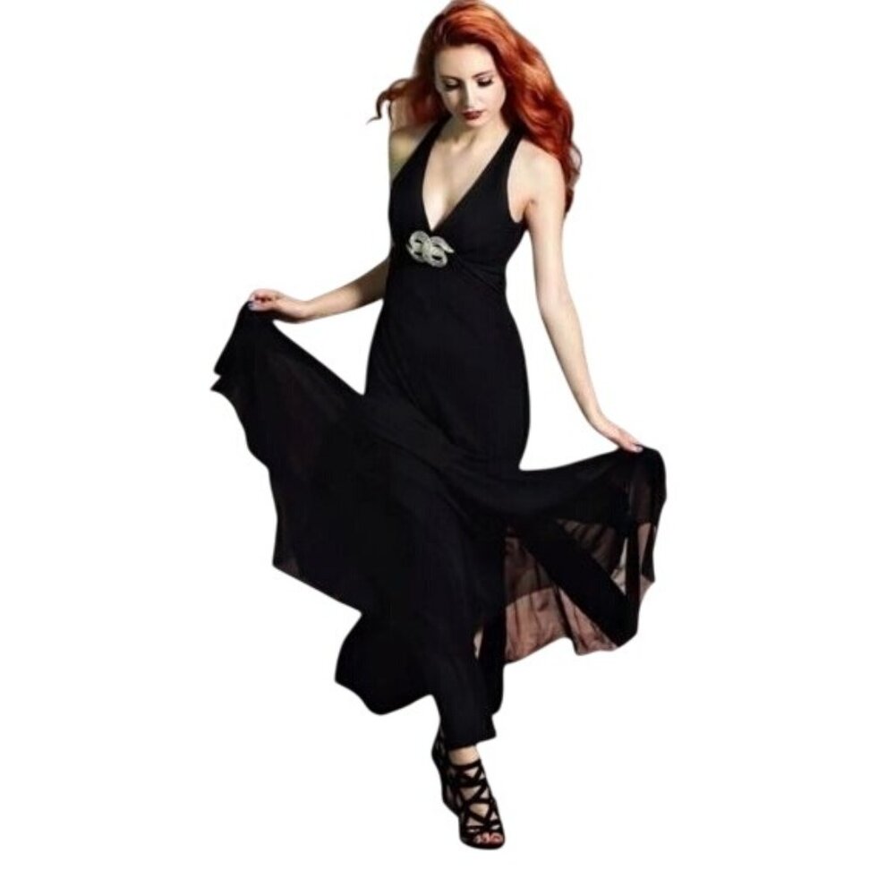 Black Halter Evening Gown With Rhinestone Embellishment & Flowing Sheer Layers